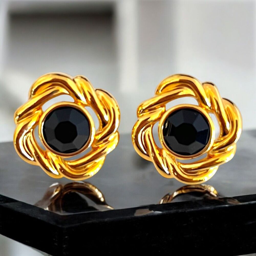 Vintage 1990s Savvy by Swarovski Earrings Black Crystal Gold Tone Studs - 12D